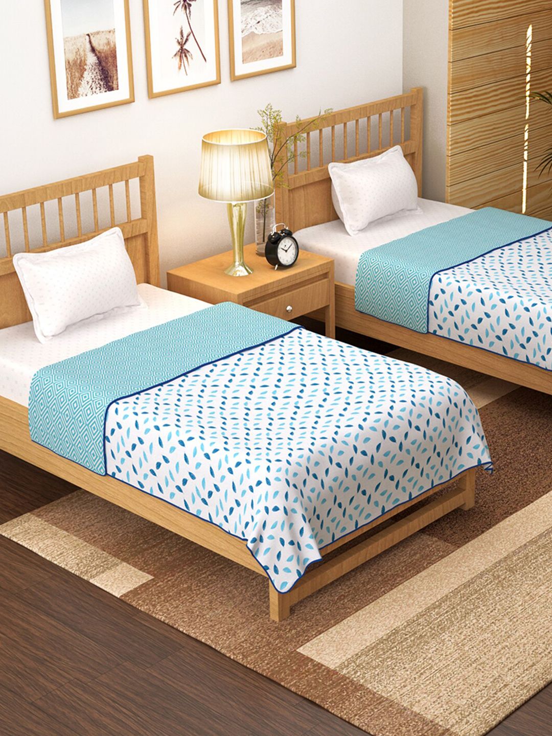 Story@home Blue & White Set of 2 Floral AC Room 150 GSM Single Bed Dohar Price in India