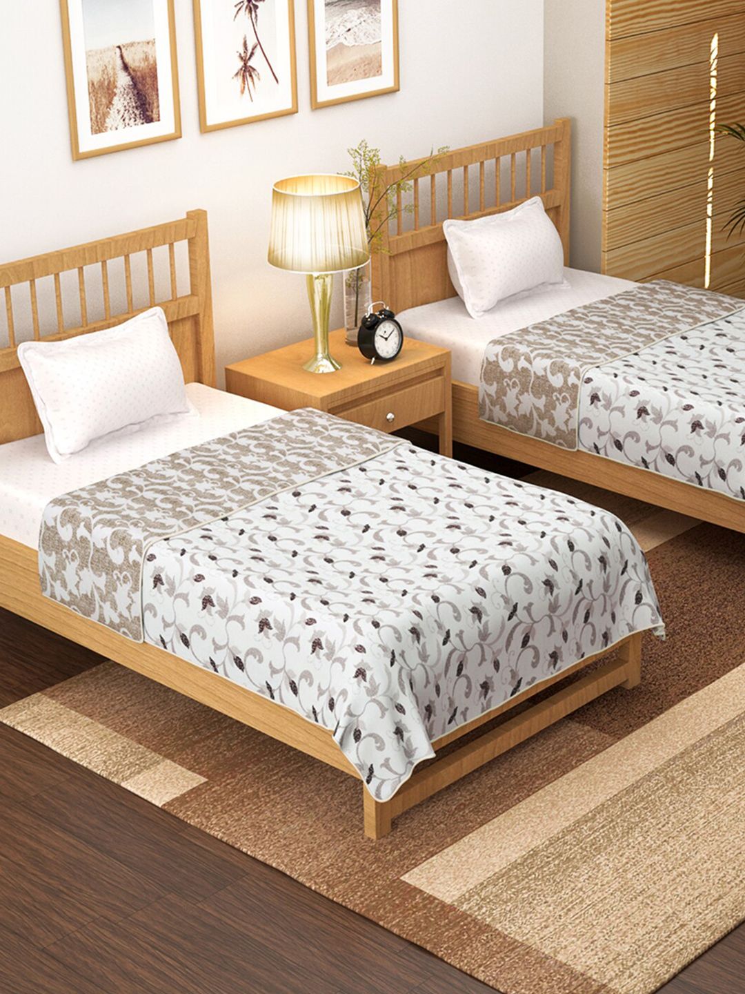 Story@home Brown & White Set of 2 Floral AC Room 150 GSM Single Bed Dohar Price in India
