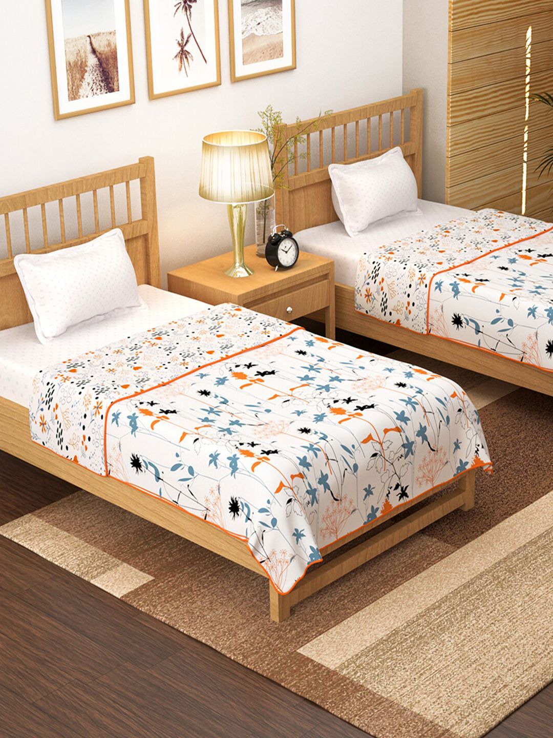 Story@home White & Orange Set of 2 Floral AC Room 150 GSM Single Bed Dohar Price in India
