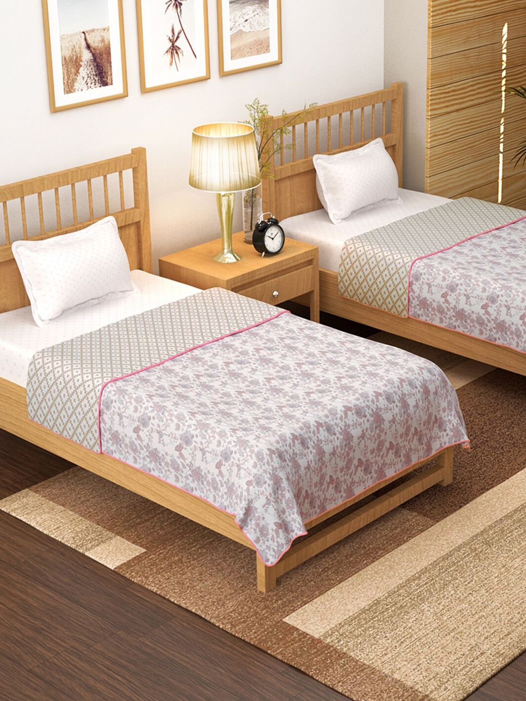 Story@home Pink & White Set of 2 Floral AC Room 150 GSM Single Bed Dohar Price in India