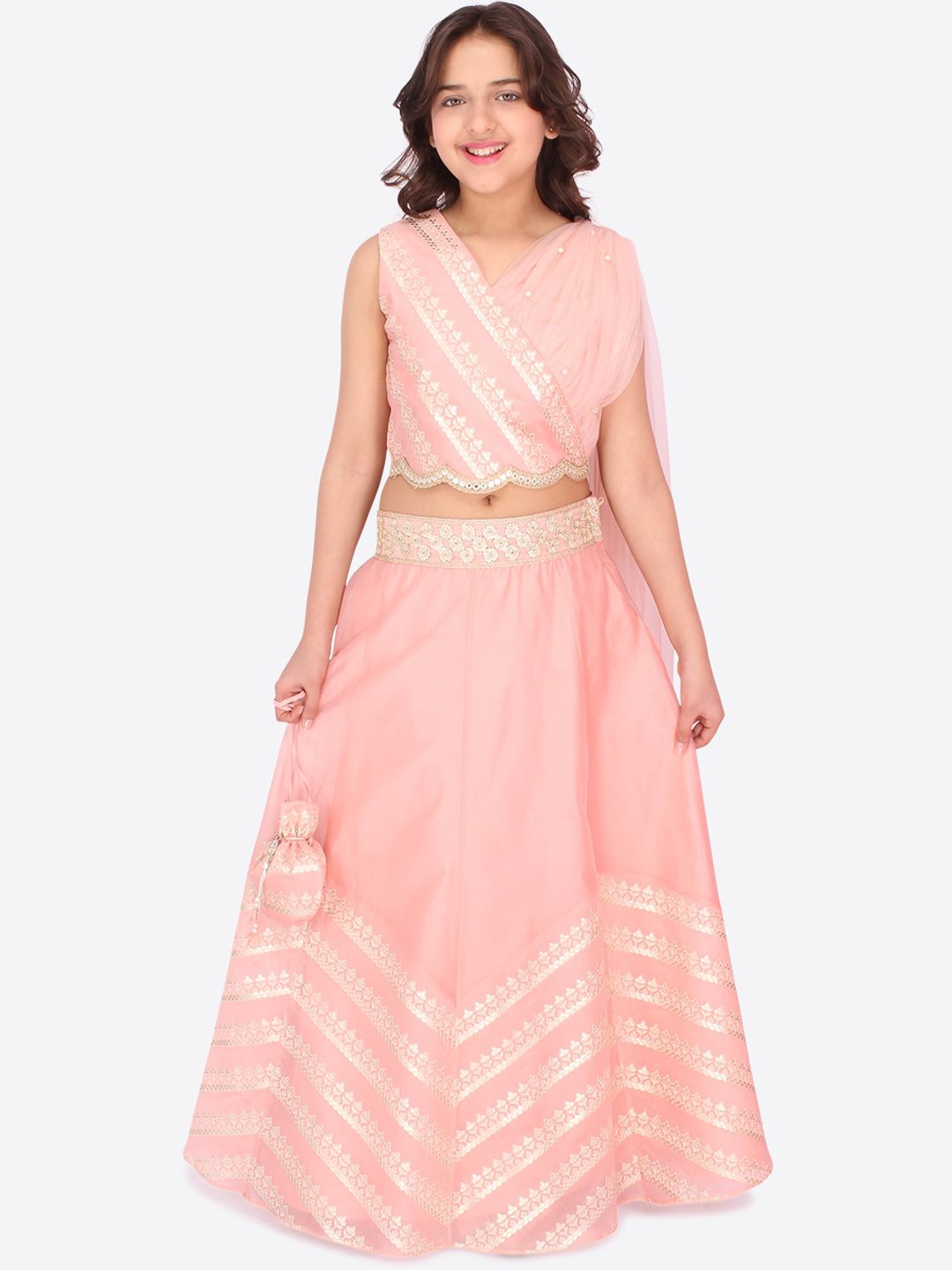 CUTECUMBER Girls Peach-Coloured Ready To Wear Lehenga Choli