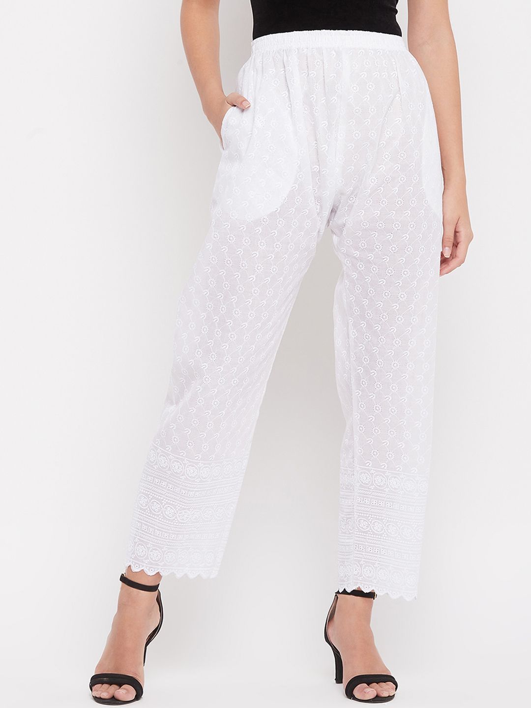 Clora Creation Women White Smart Easy Wash Embroided Trousers Price in India