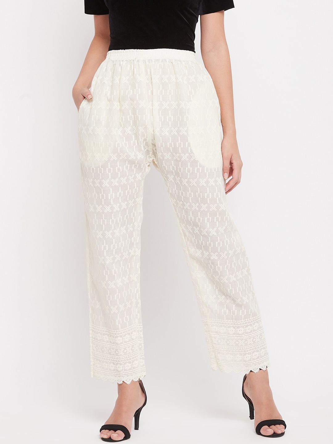 Clora Creation Women Cream-Coloured Ethnic Motifs Smart Easy Wash Trousers Price in India