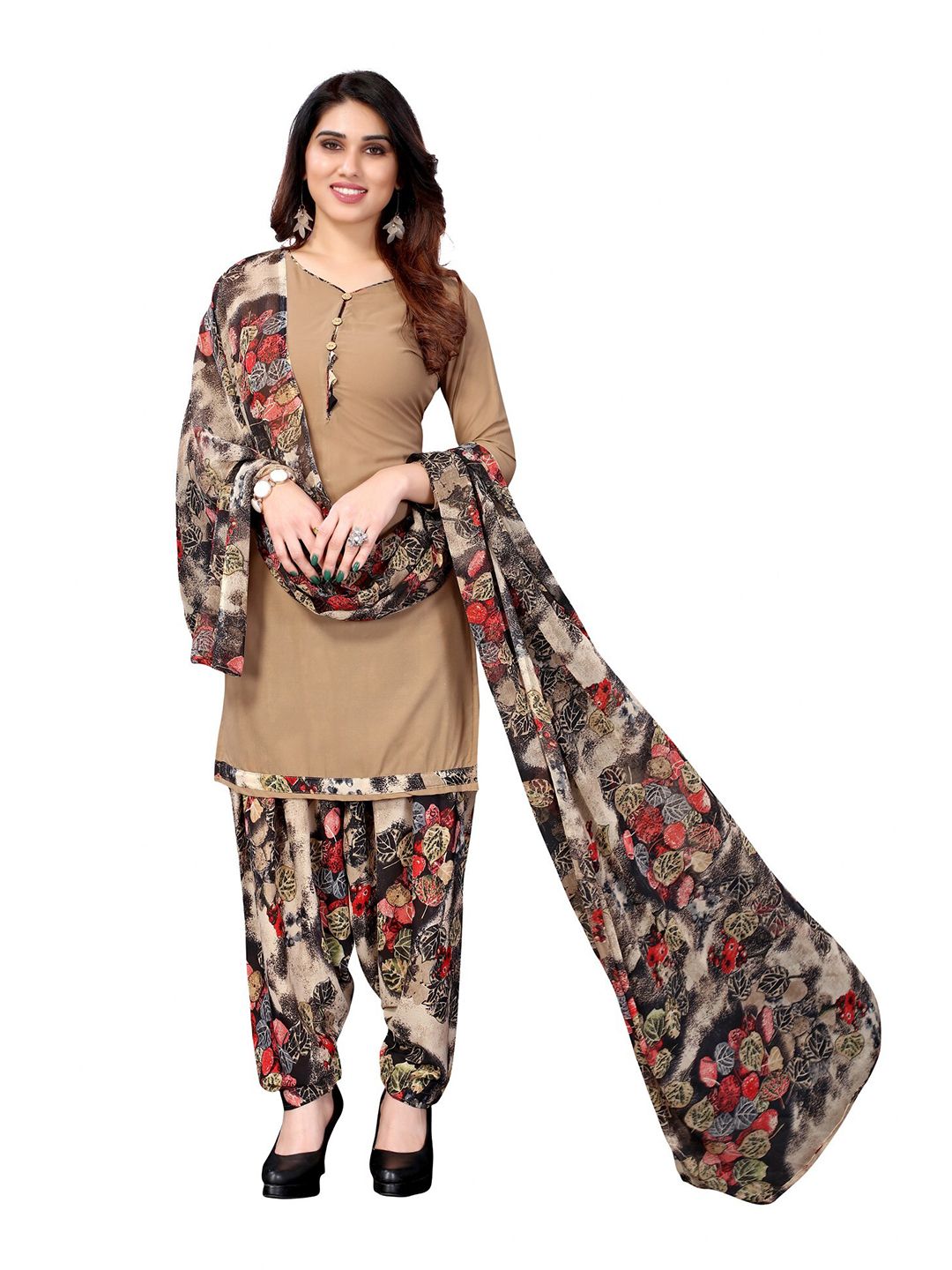 Iris Women Beige & Black Printed Unstitched Dress Material Price in India