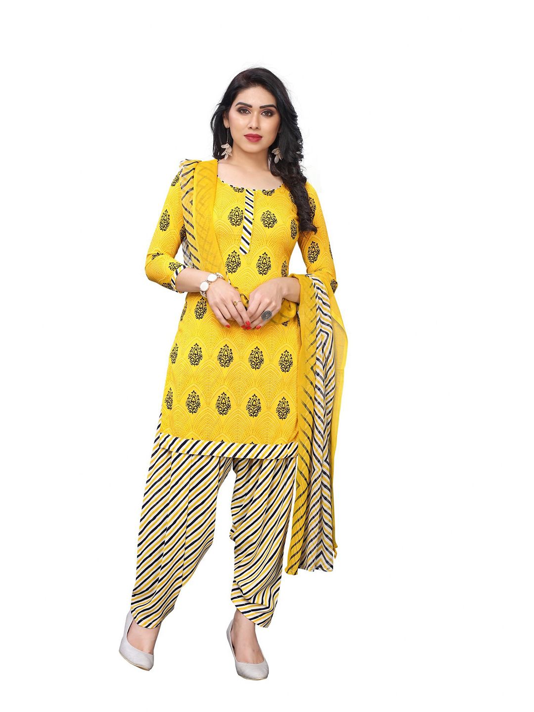 Iris Yellow & Black Printed Unstitched Dress Material Price in India