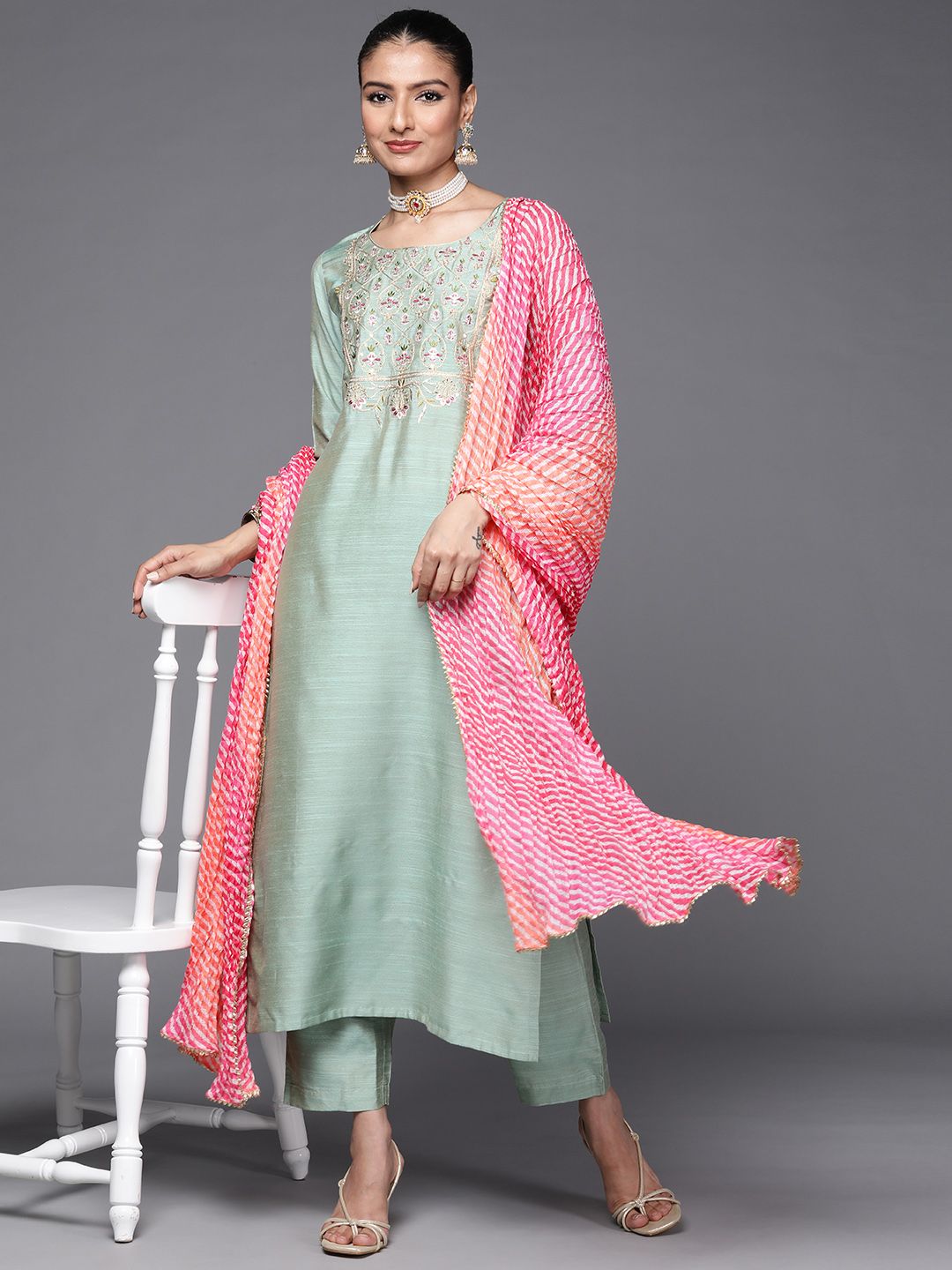 Varanga Women Sea Green & Pink Ethnic Embroidered Sequinned Kurta with Trousers & Dupatta Price in India