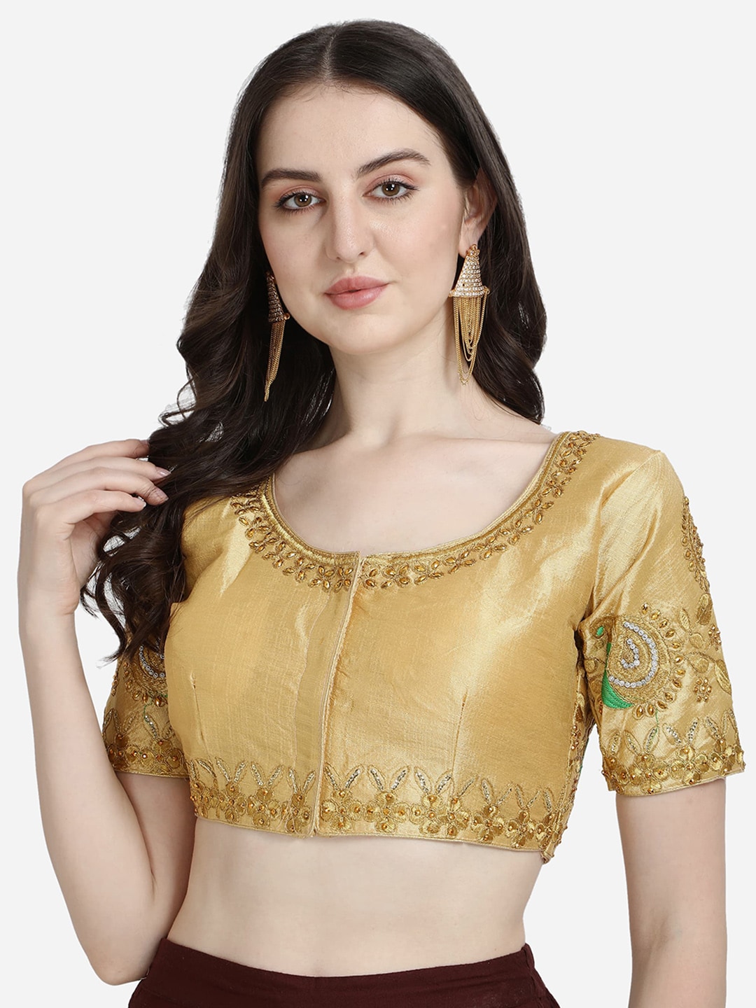 Mesmore Women Beige-Coloured Embroidered Silk Saree Blouse Price in India