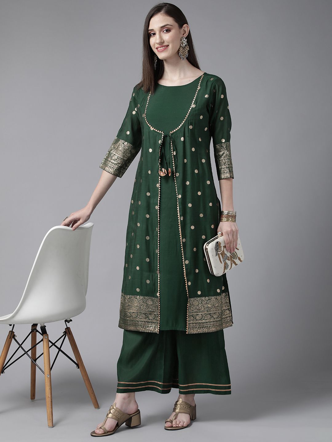 Ahalyaa Women Green & Golden Printed Gotta Patti Chanderi Silk Kurta with Palazzos Price in India