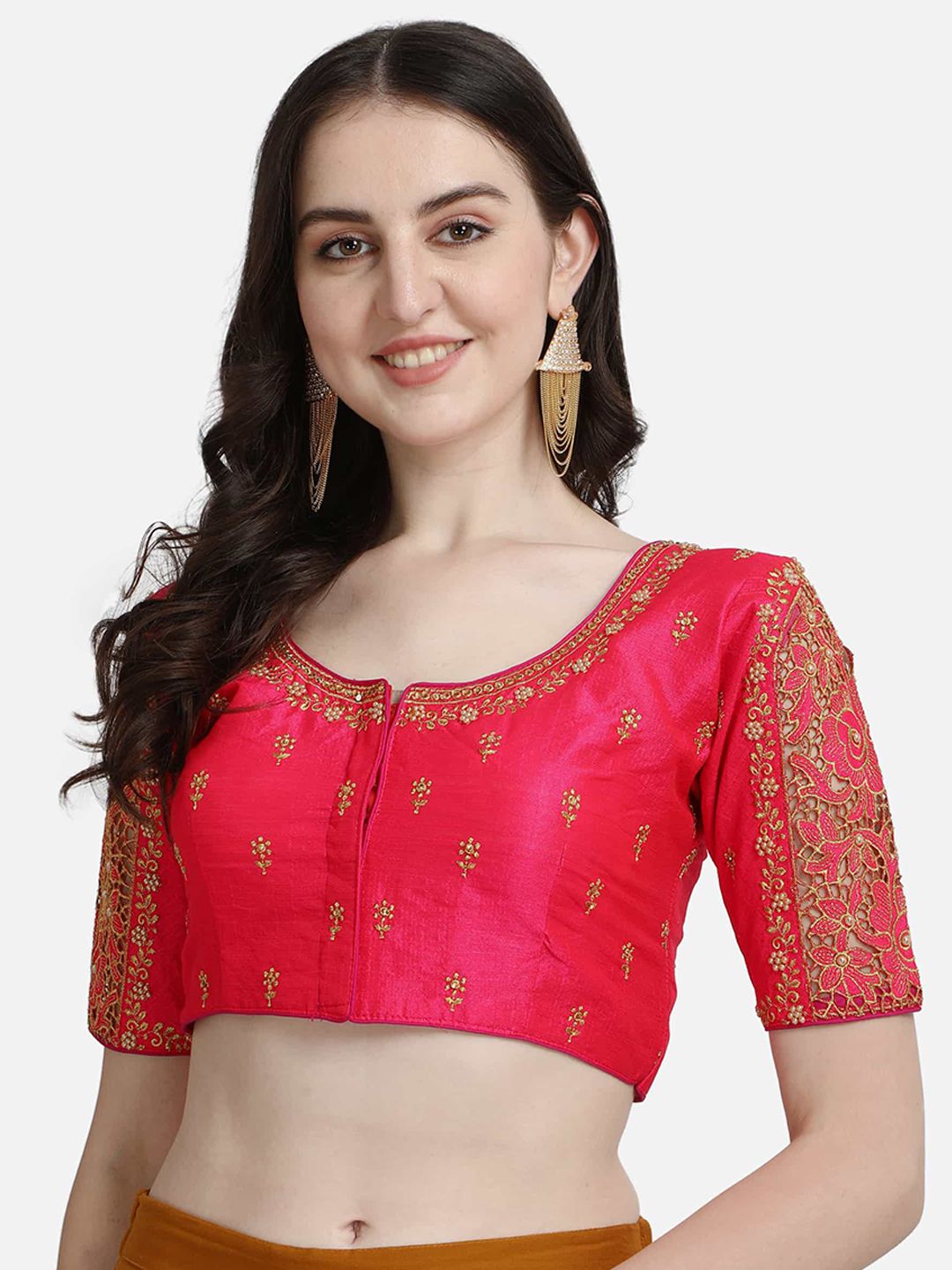 Mesmore Women Pink Embroidered Silk Saree Blouse Price in India
