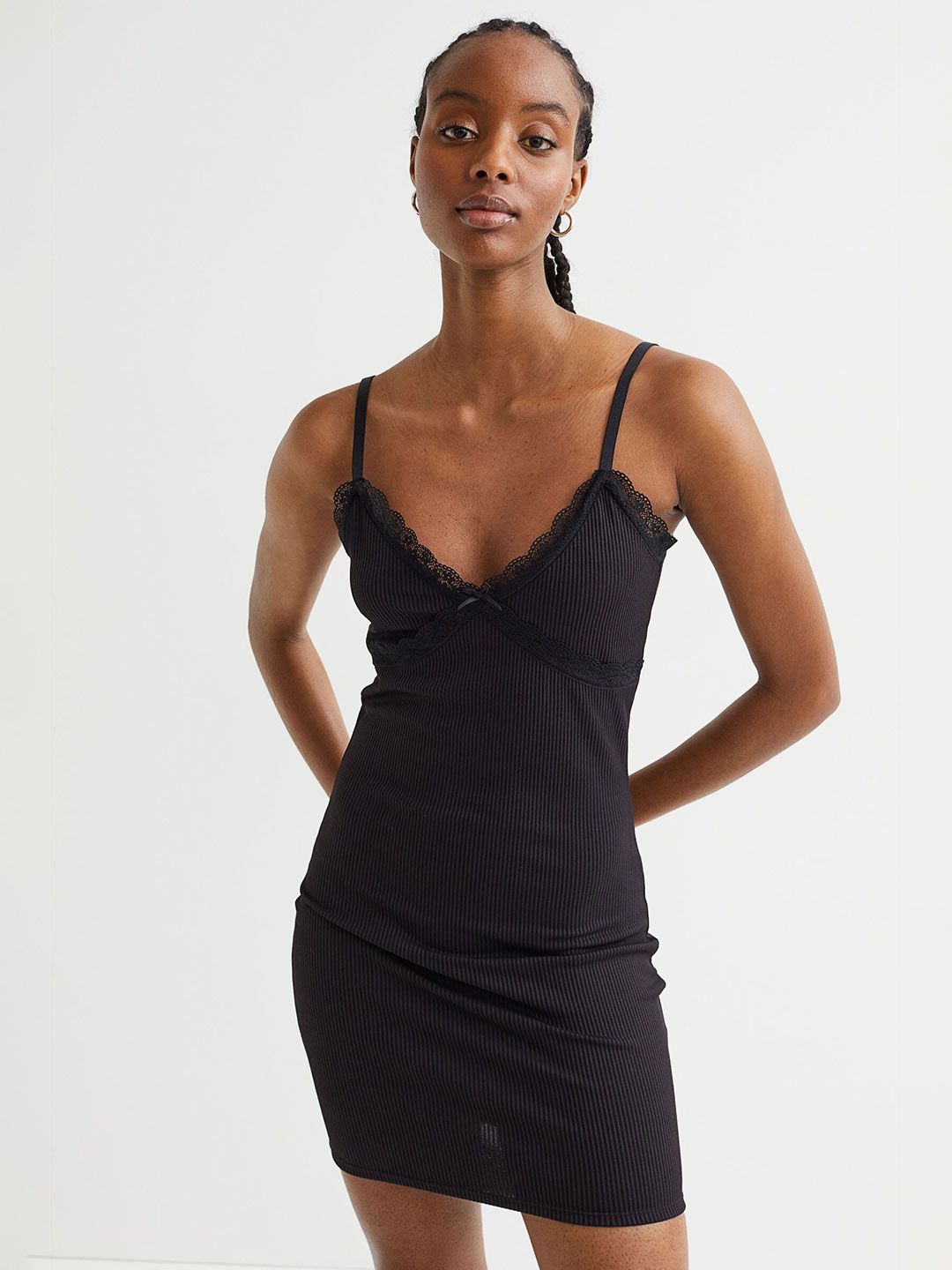 H&M Women Black V-Neck Ribbed Bodycon Dress Price in India