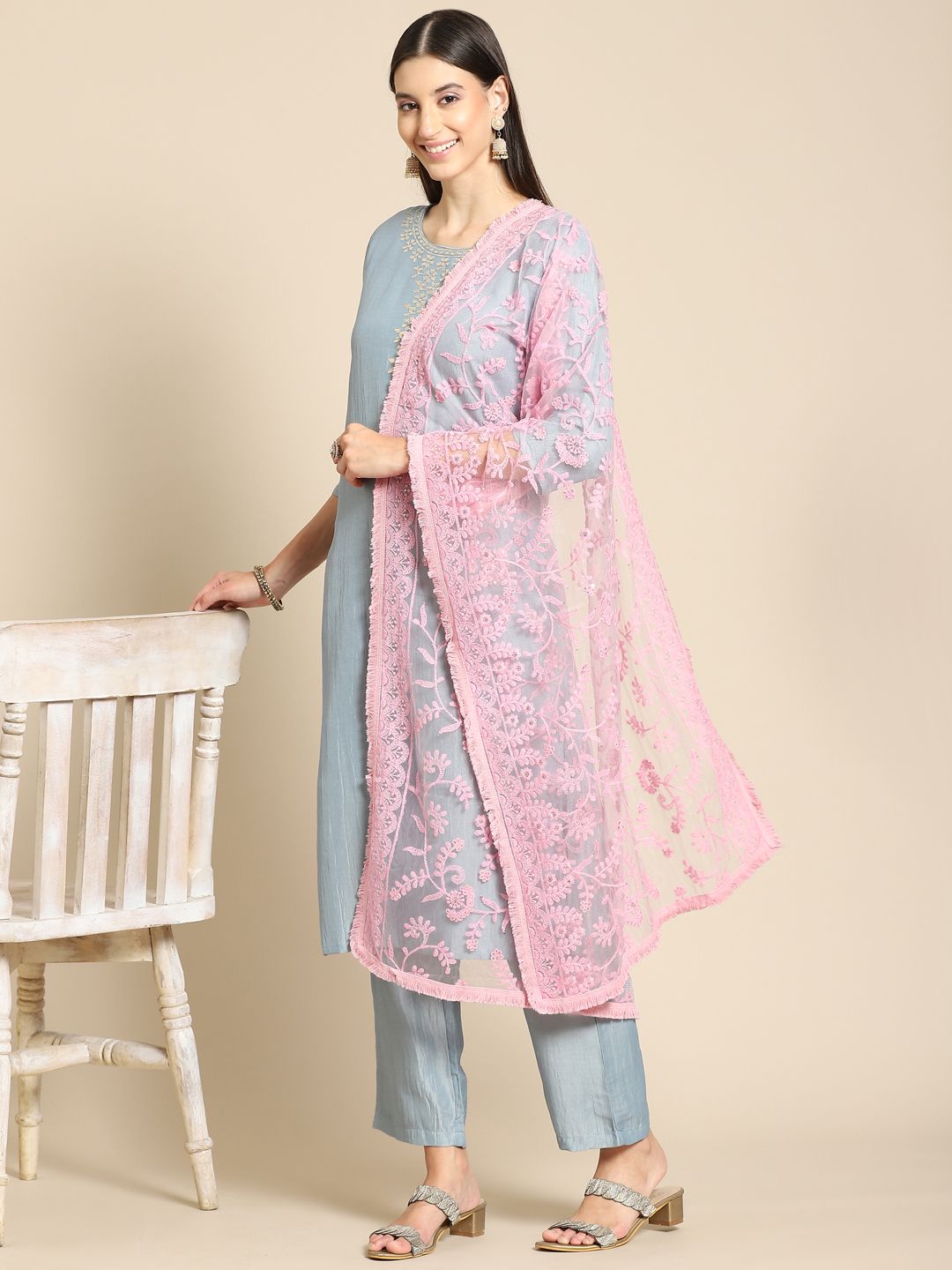 Saadgi Pink Ethnic Motifs Embroidered Dupatta with Chikankari