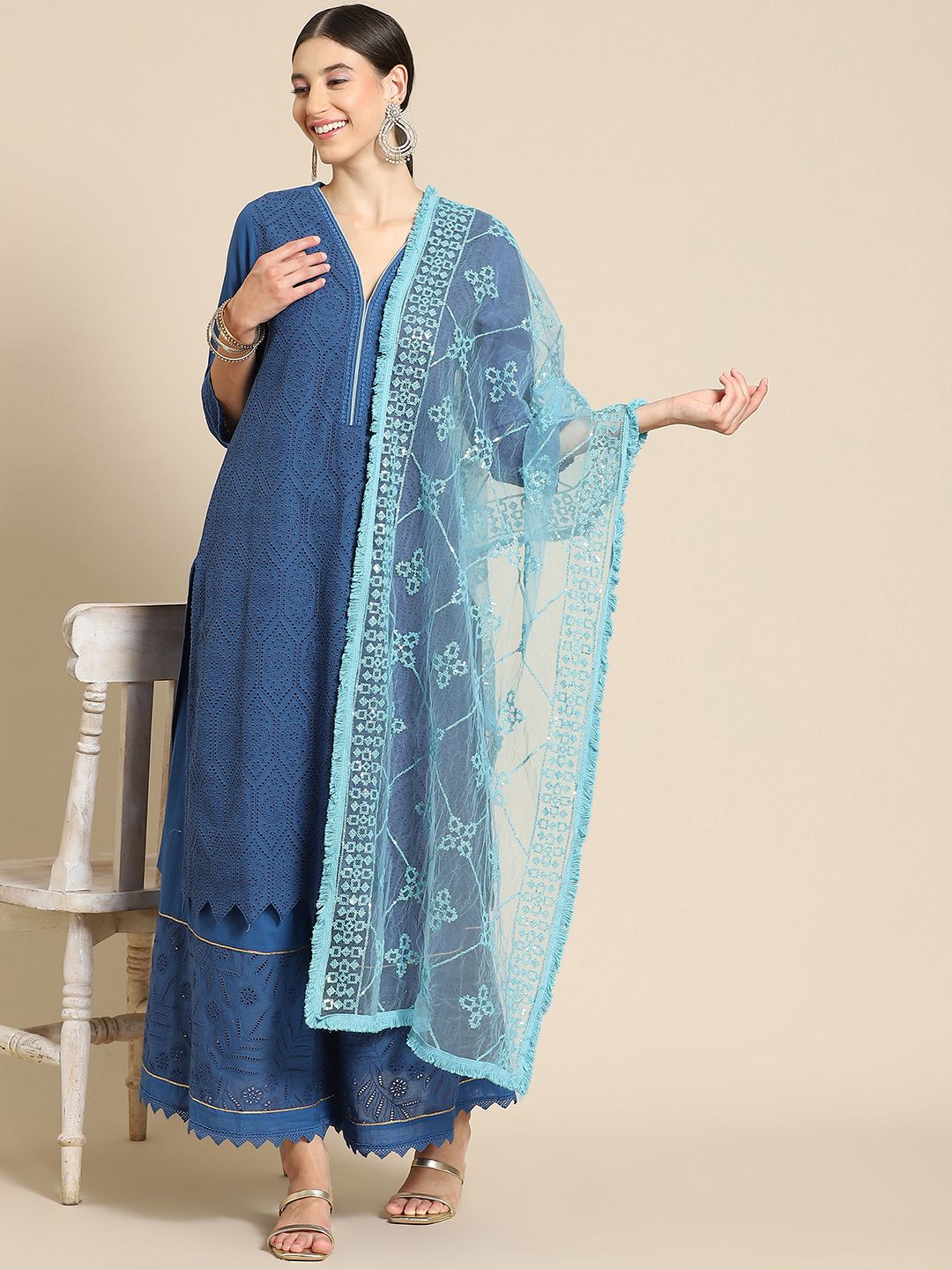 Saadgi Turquoise Blue Chikankari Embroidered Dupatta Price in India