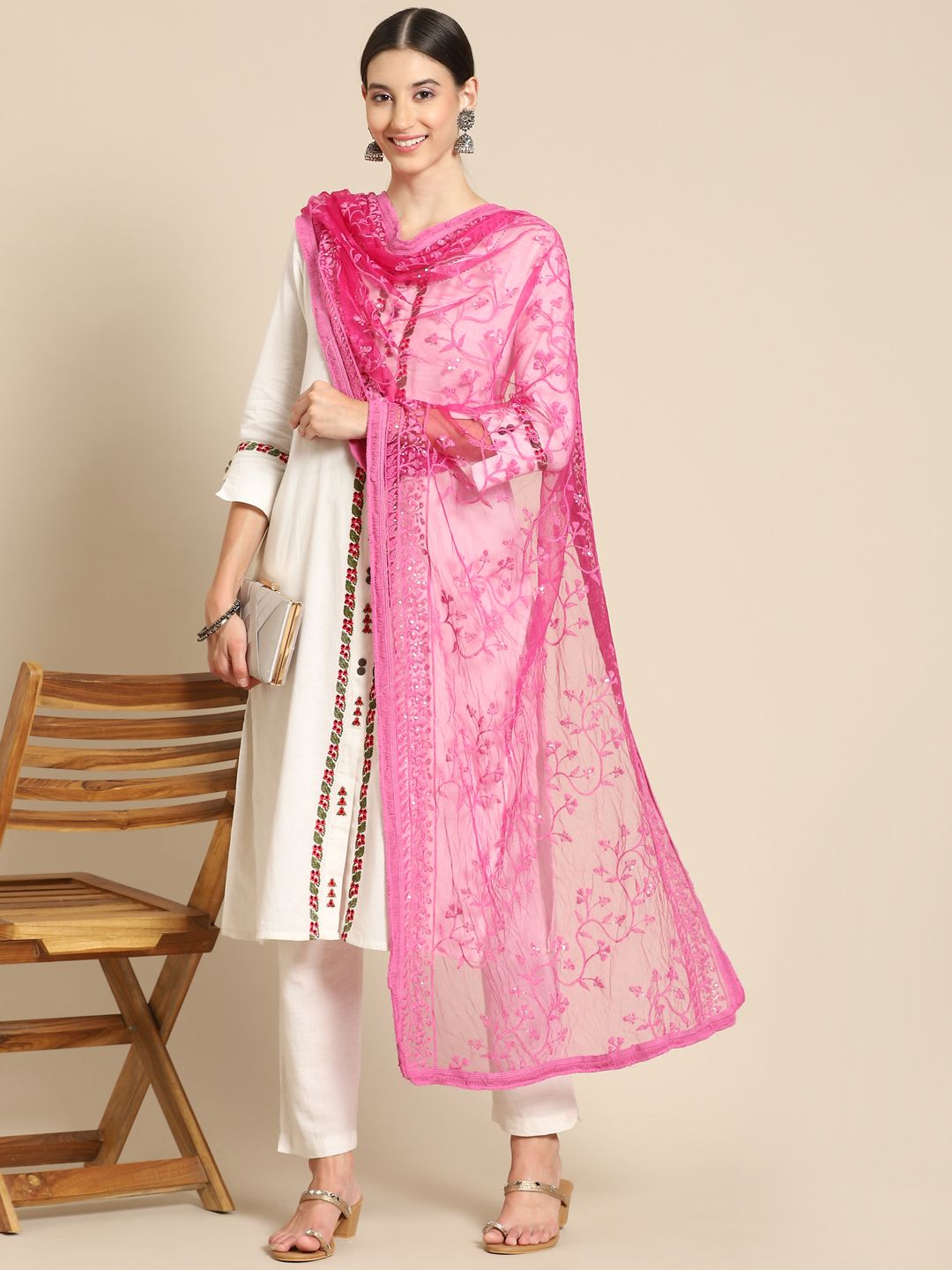 Saadgi Pink & Gold-Toned Embroidered Dupatta with Chikankari Price in India