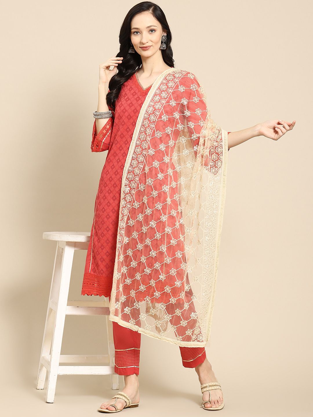 Saadgi Off White & Gold-Toned Ethnic Motifs Embroidered Dupatta with Chikankari