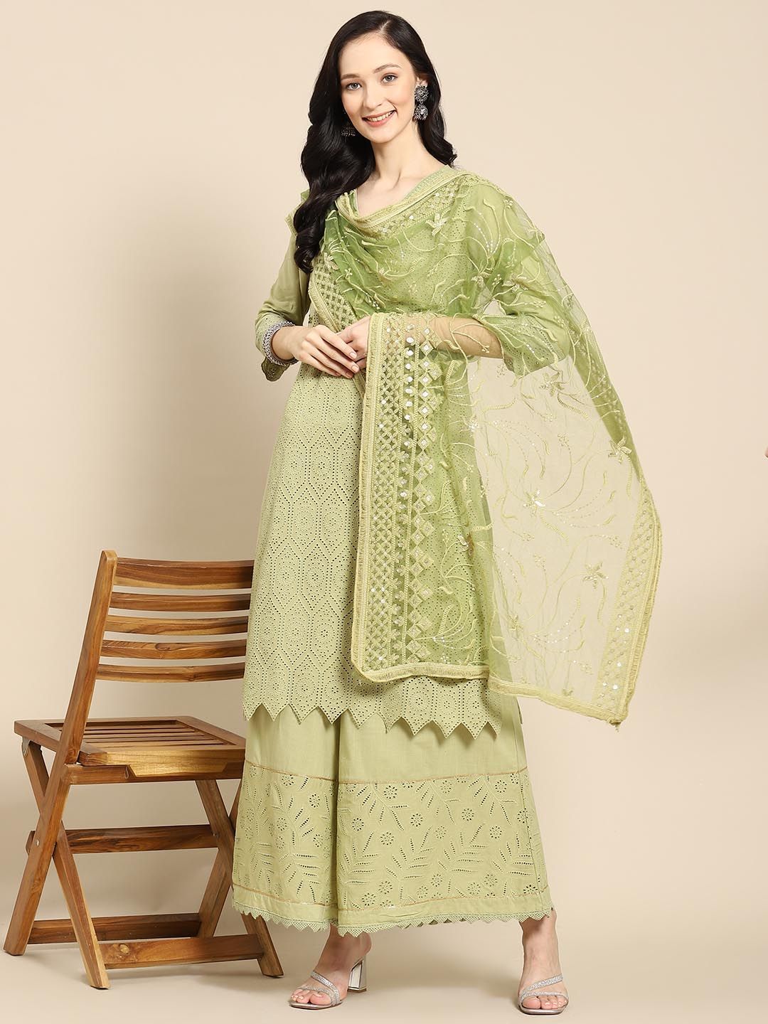 Saadgi Green & Gold-Toned Ethnic Motifs Embroidered Dupatta with Chikankari