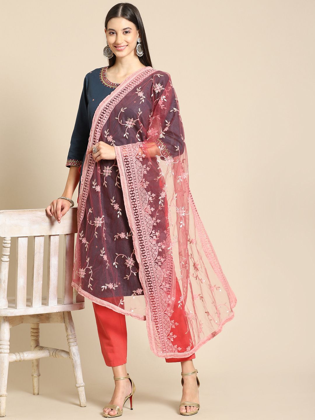 Saadgi Rose & Golden Chikankari Embroidered Dupatta