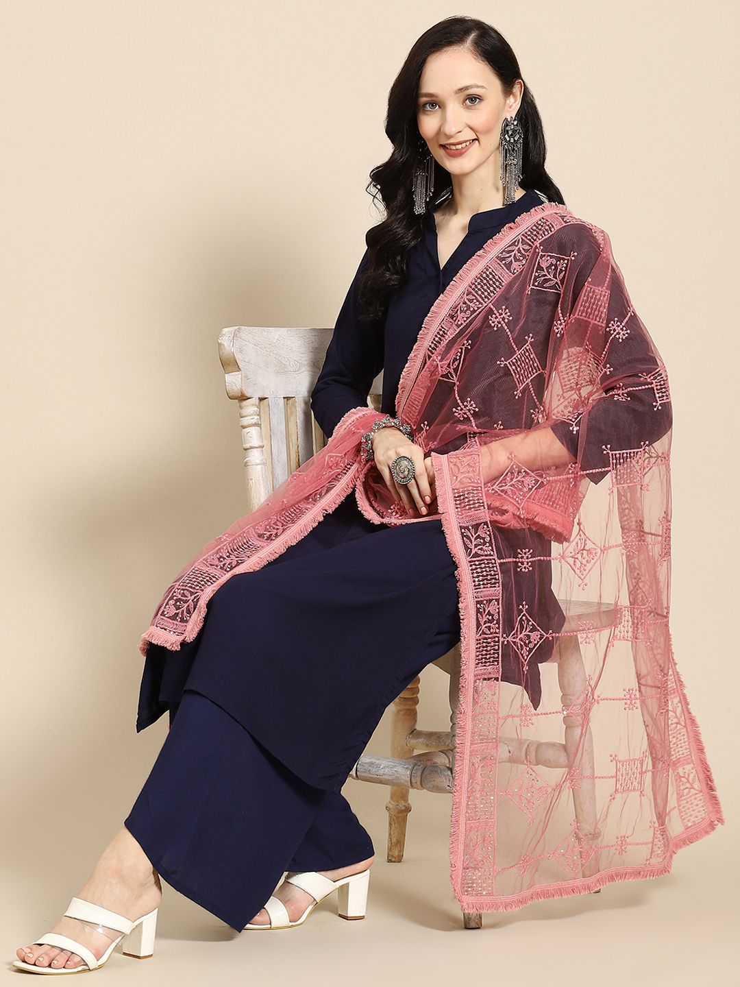 Saadgi Rose Chikankari Embroidered Dupatta