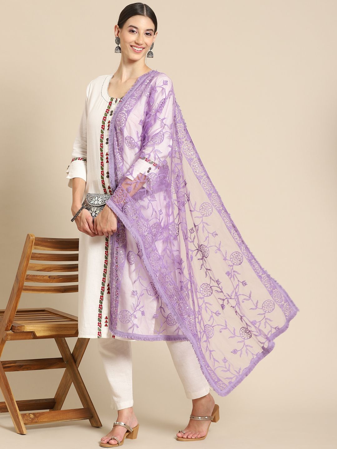 Saadgi Mauve & Gold-Toned Ethnic Motifs Embroidered Dupatta with Chikankari Price in India