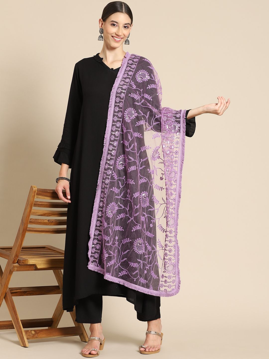 Saadgi Purple & Golden Chikankari Embroidered Dupatta Price in India