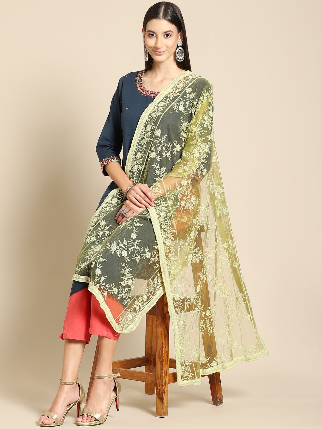 Saadgi Lime Green & Golden Chikankari Embroidered Dupatta Price in India