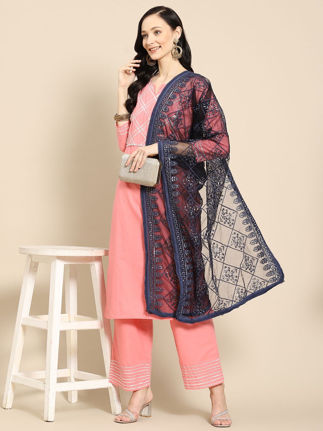 Saadgi Navy Blue & Gold-Toned Ethnic Motifs Embroidered Dupatta with Chikankari Price in India