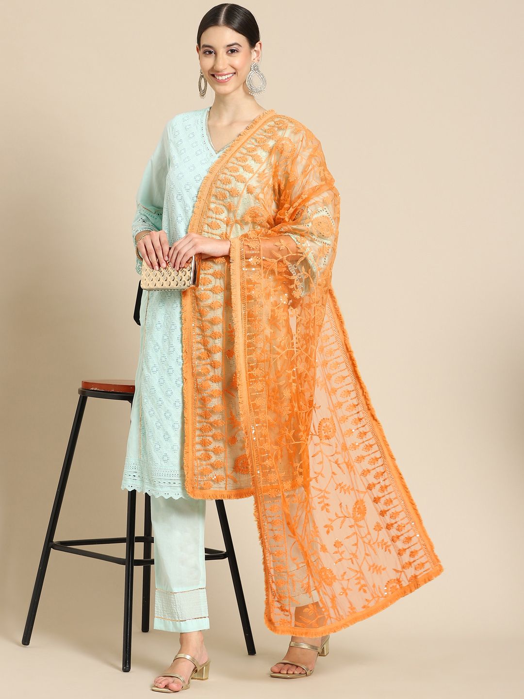Saadgi Orange & Bronze-Toned Ethnic Motifs Embroidered Dupatta with Chikankari
