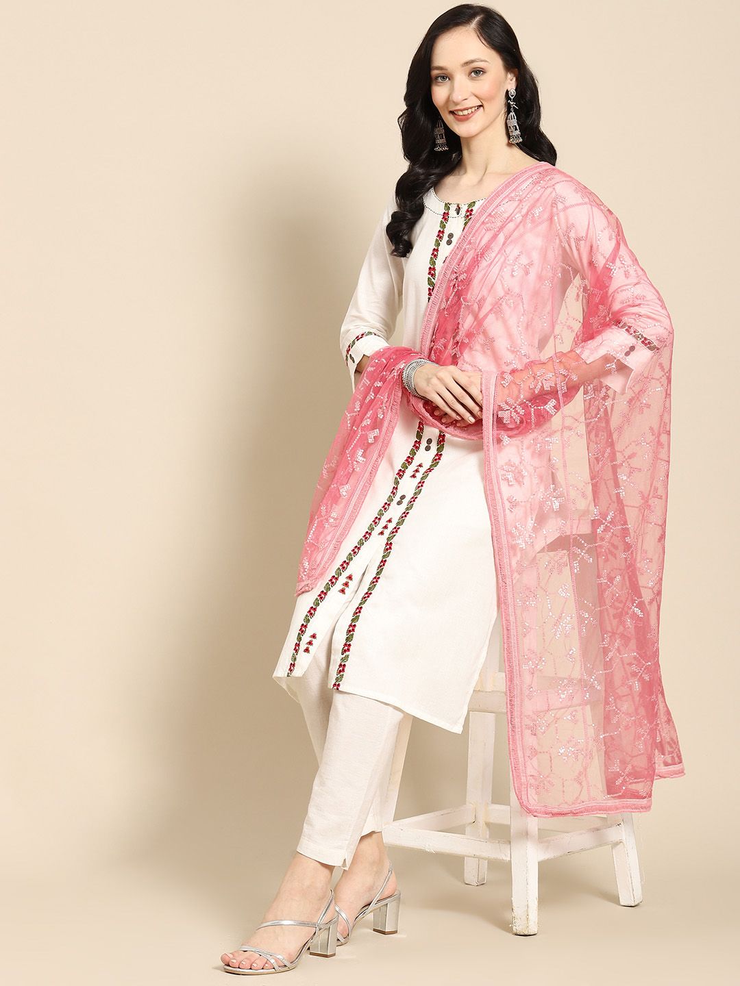 Saadgi Pink & Golden Chikankari Embroidered Dupatta