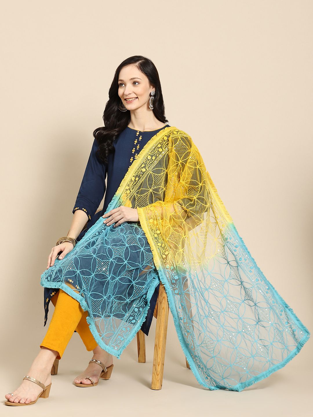 Saadgi Teal Blue & Mustard Chikankari Embroidered Dupatta Price in India