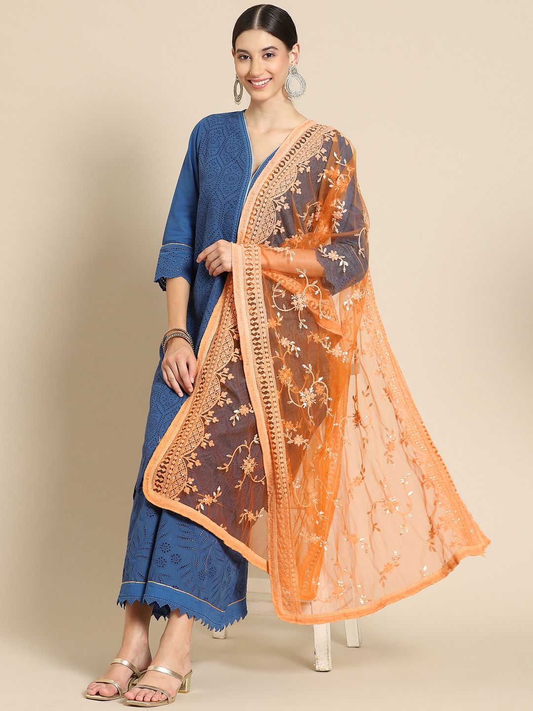 Saadgi Orange Chikankari Embroidered Dupatta