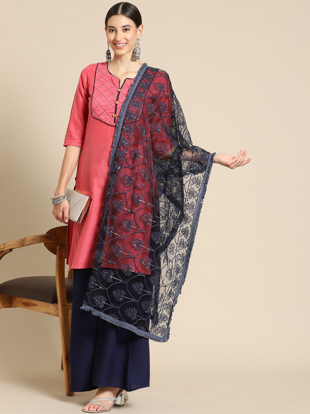Saadgi Navy Blue Ethnic Motifs Embroidered Dupatta with Chikankari
