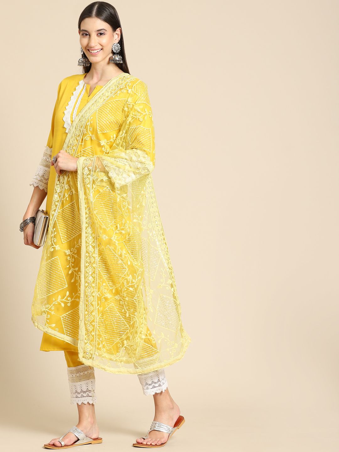 Saadgi Yellow Chikankari Embroidered Dupatta Price in India