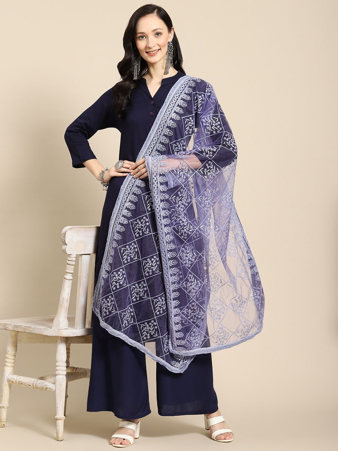 Saadgi Blue & Golden Chikankari Embroidered Dupatta