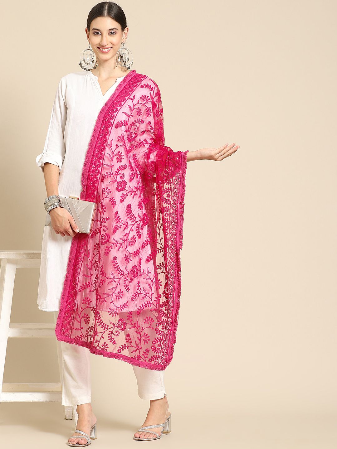 Saadgi Pink & Gold-Toned Embroidered Dupatta with Chikankari Price in India