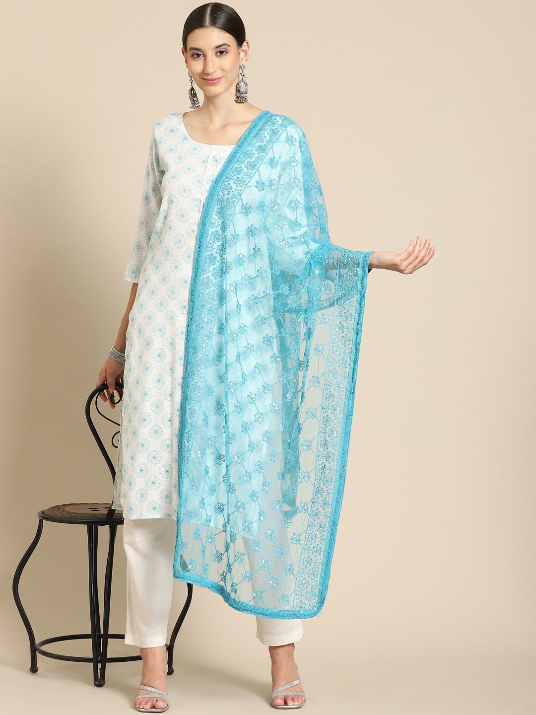 Saadgi Turquoise Blue Chikankari Embroidered Dupatta Price in India