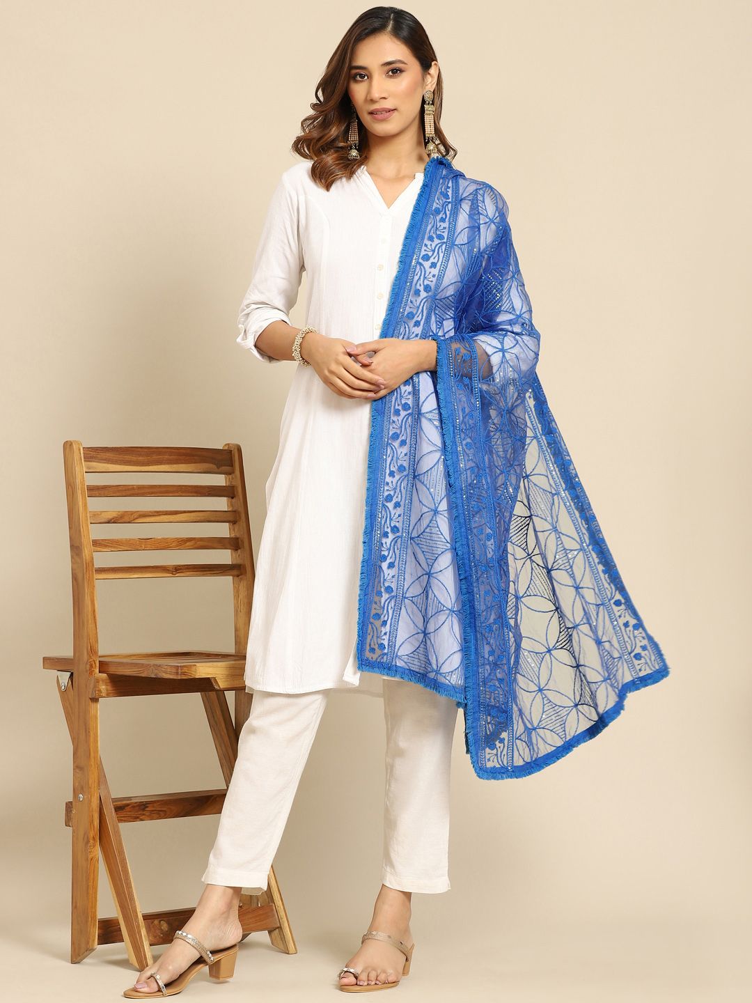 Saadgi Blue Ethnic Motifs Embroidered Dupatta with Chikankari
