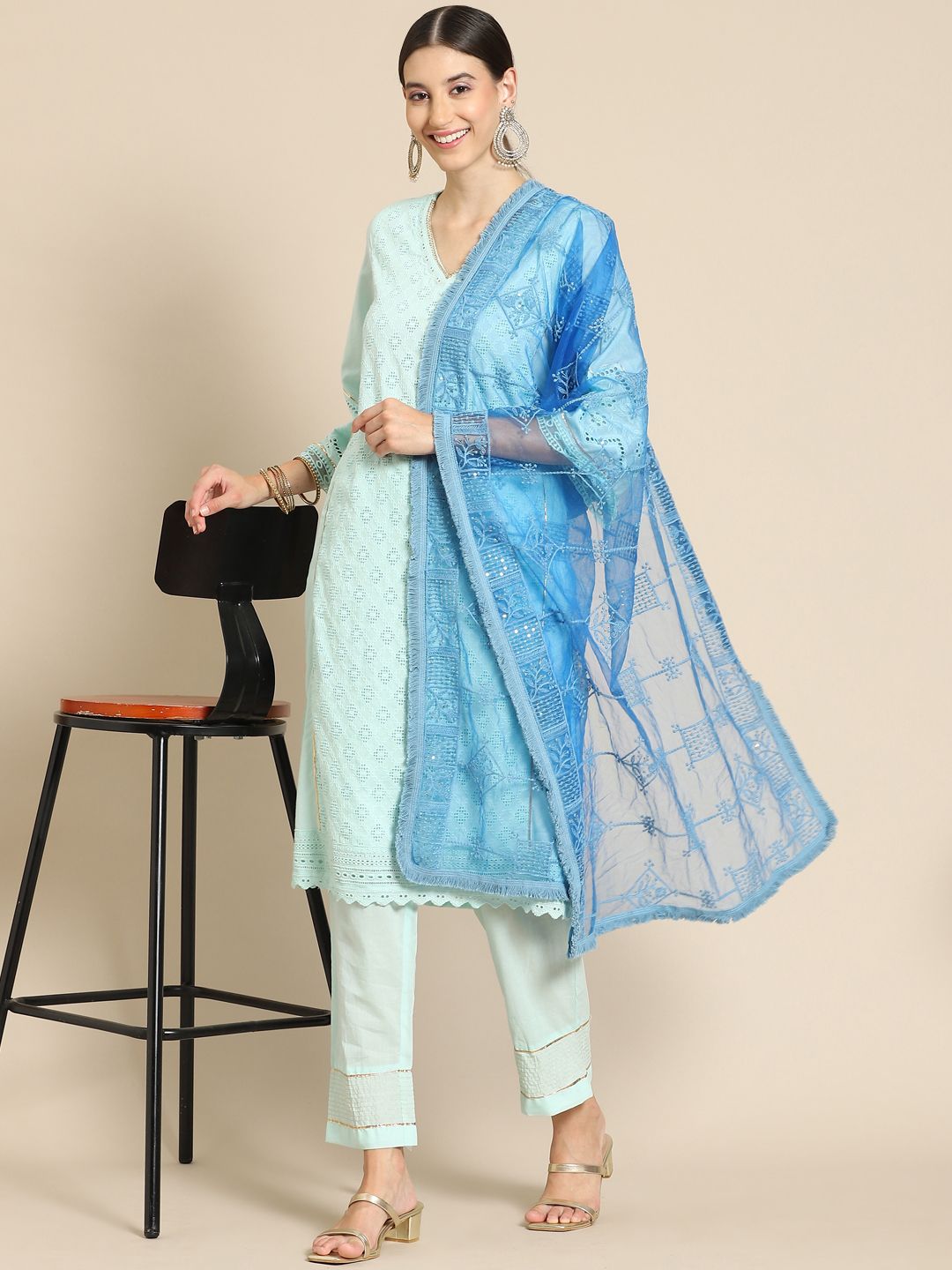 Saadgi Blue Chikankari Embroidered Dupatta