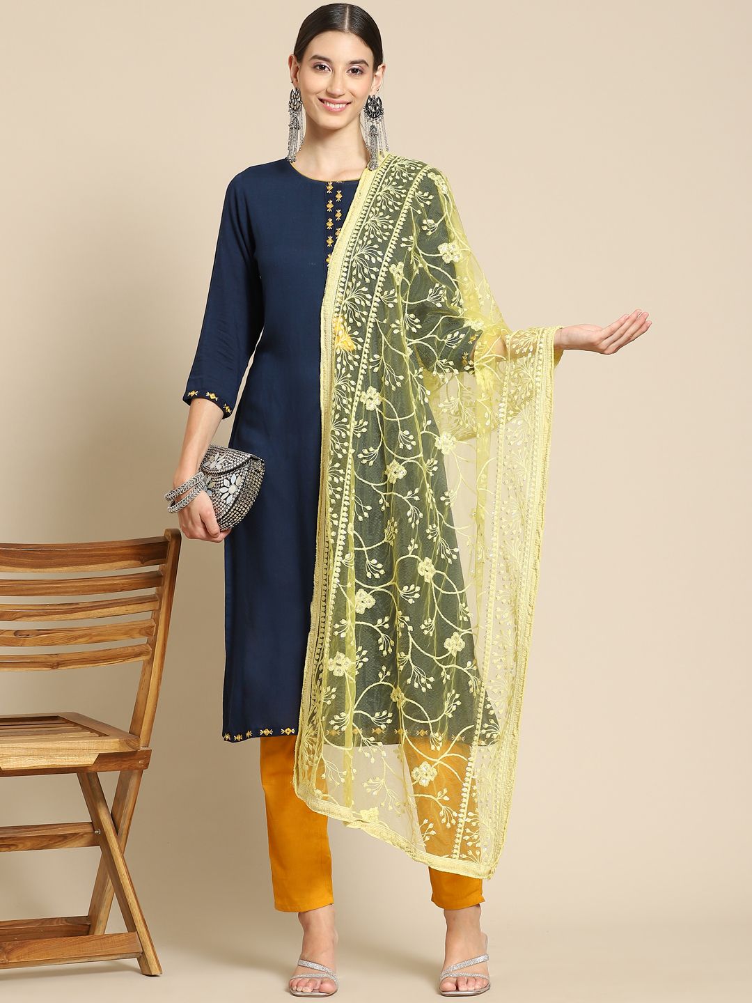 Saadgi Yellow Chikankari Embroidered Dupatta