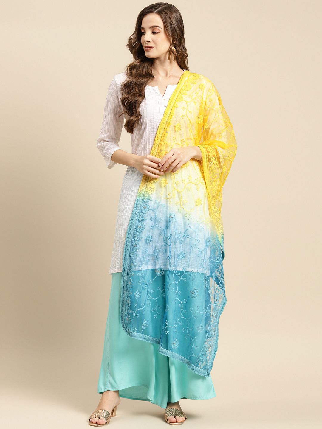 Saadgi Teal Blue & Mustard Embroidered Ombre Sequin Work Dupatta with Chikankari