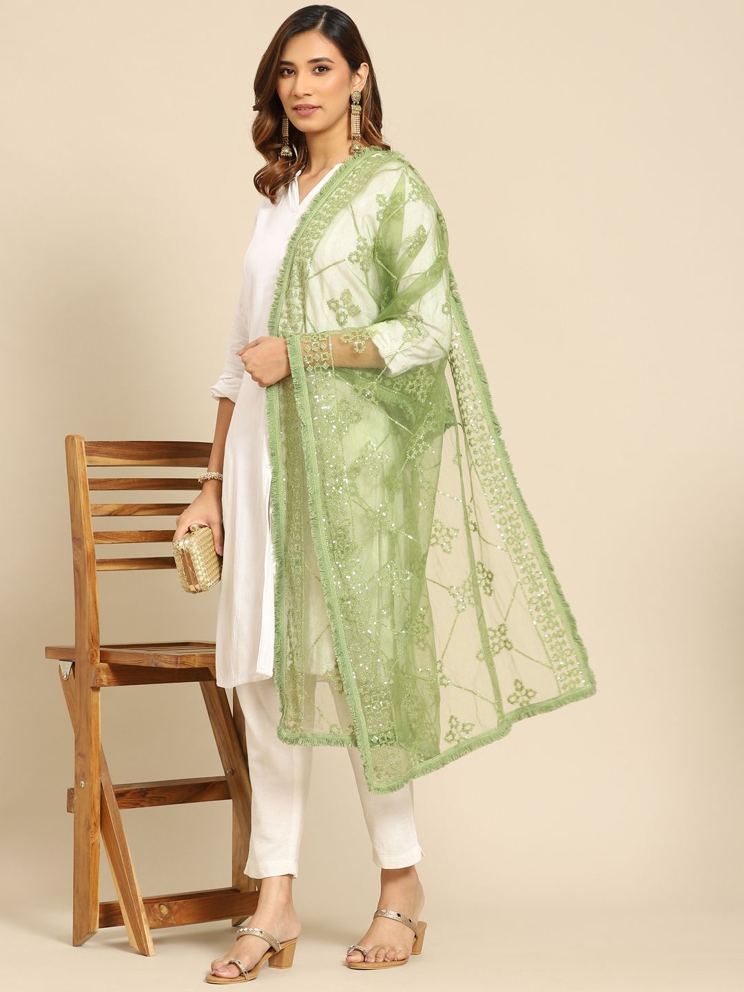 Saadgi Green Chikankari Embroidered Dupatta