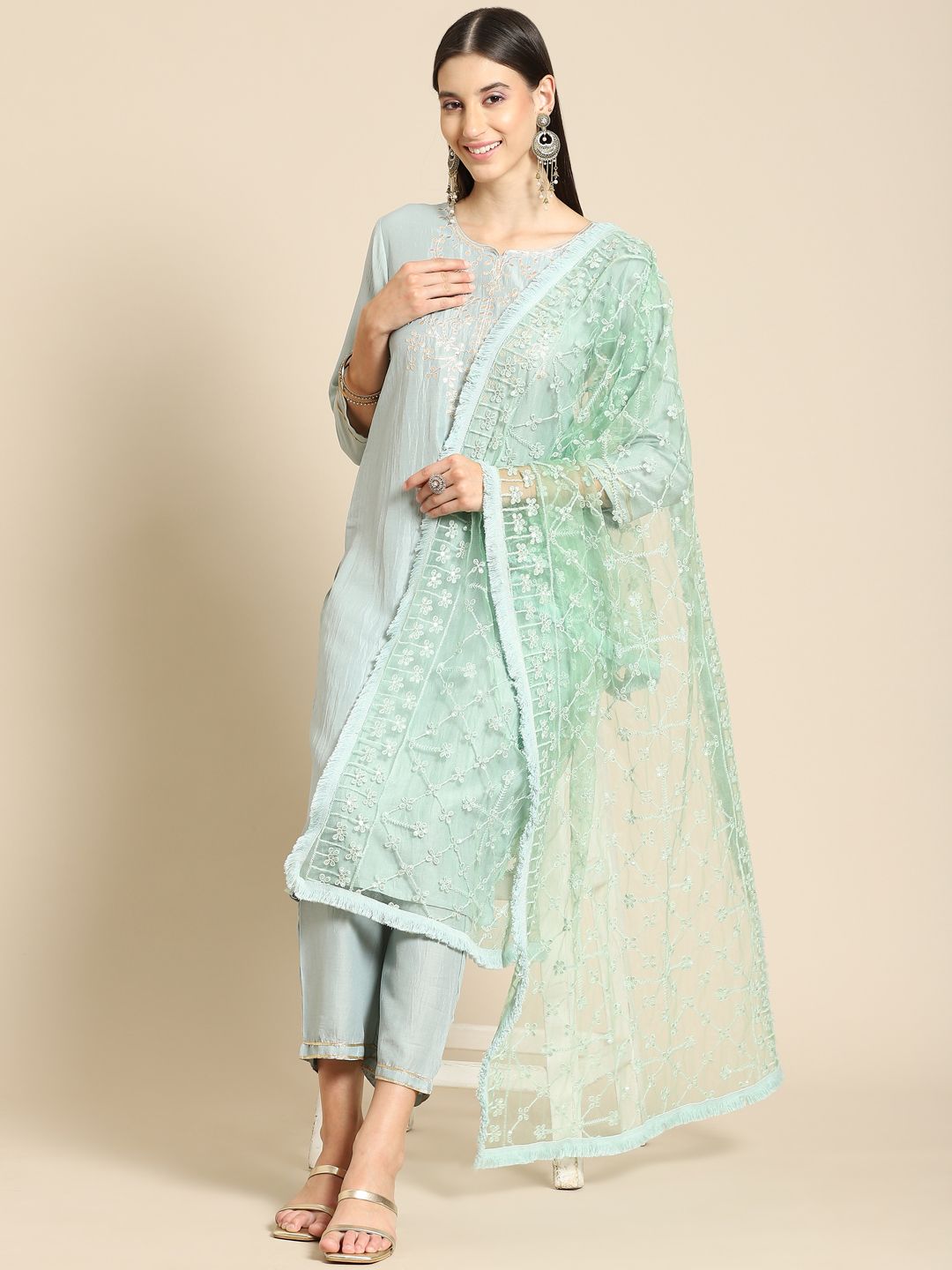 Saadgi Mint Green Chikankari Embroidered Dupatta Price in India