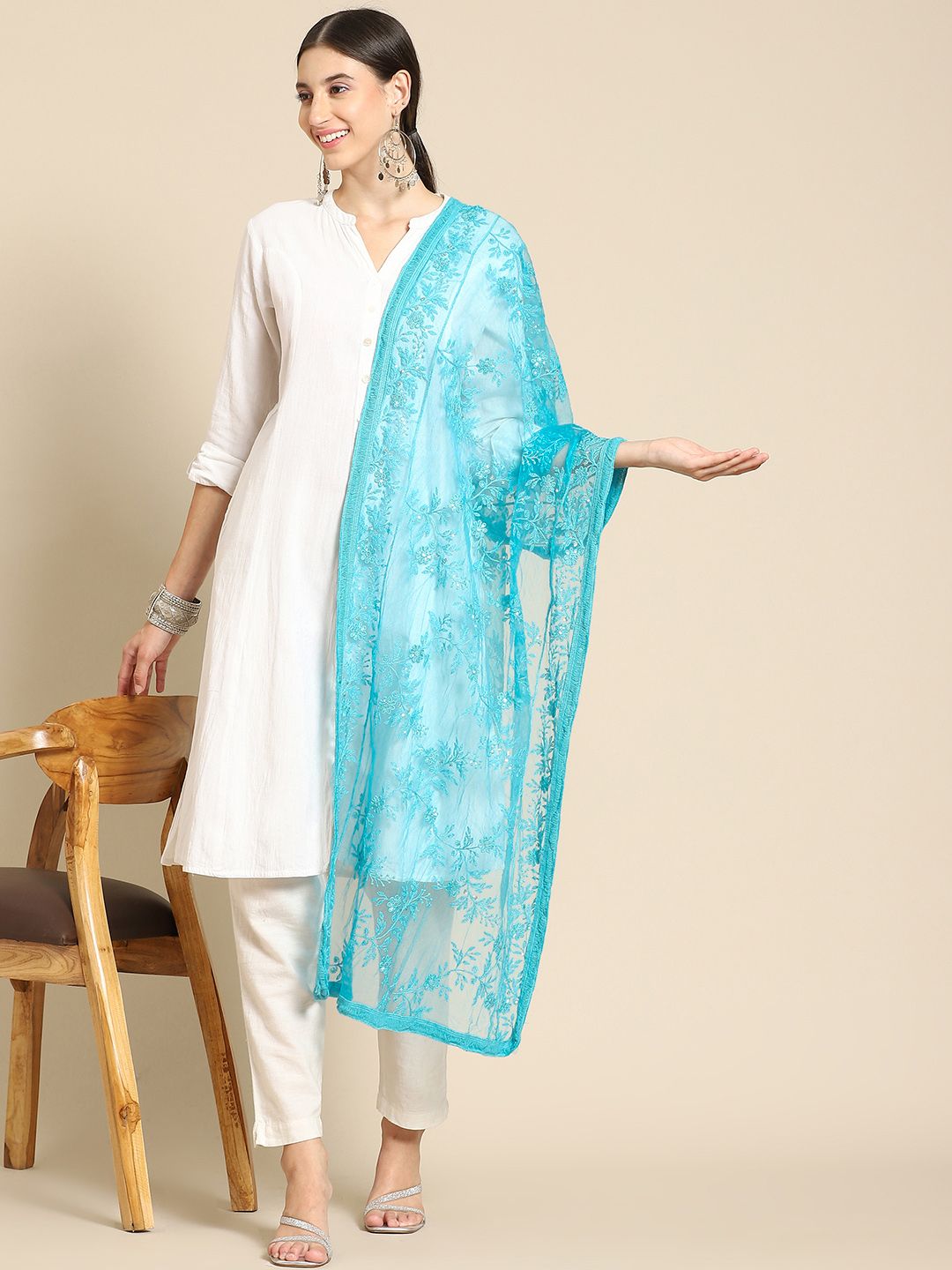 Saadgi Turquoise Blue & Blue Embroidered Dupatta with Chikankari
