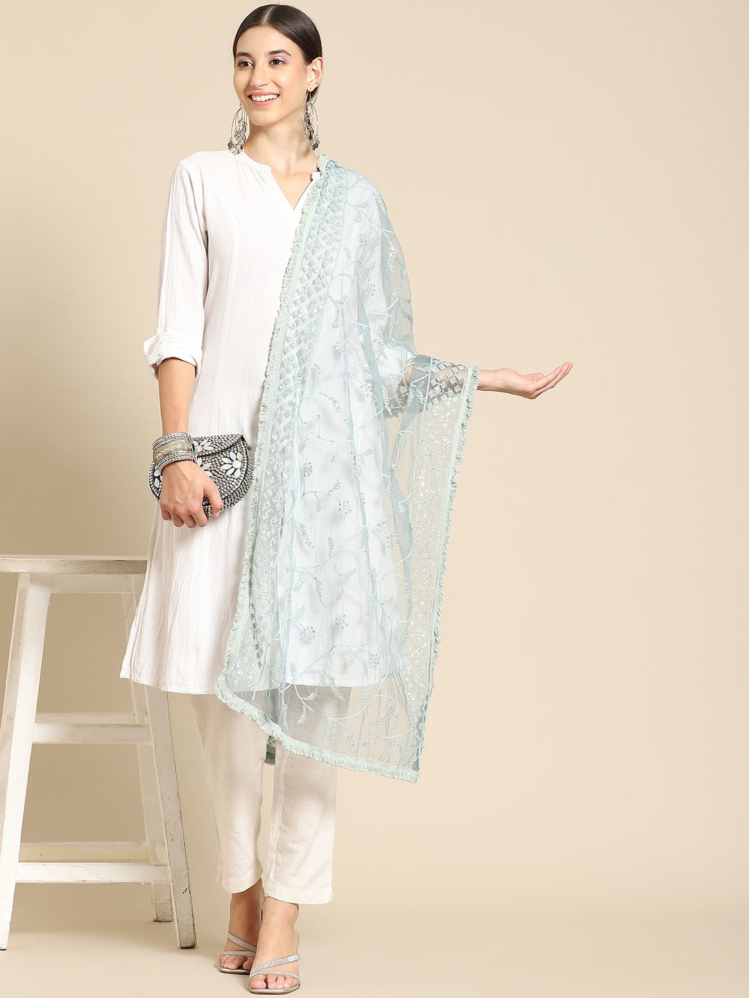 Saadgi Blue & Gold-Toned Ethnic Motifs Embroidered Dupatta with Chikankari