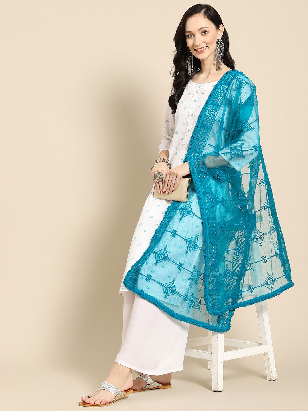 Saadgi Blue & Gold-Toned Ethnic Motifs Embroidered Dupatta with Chikankari
