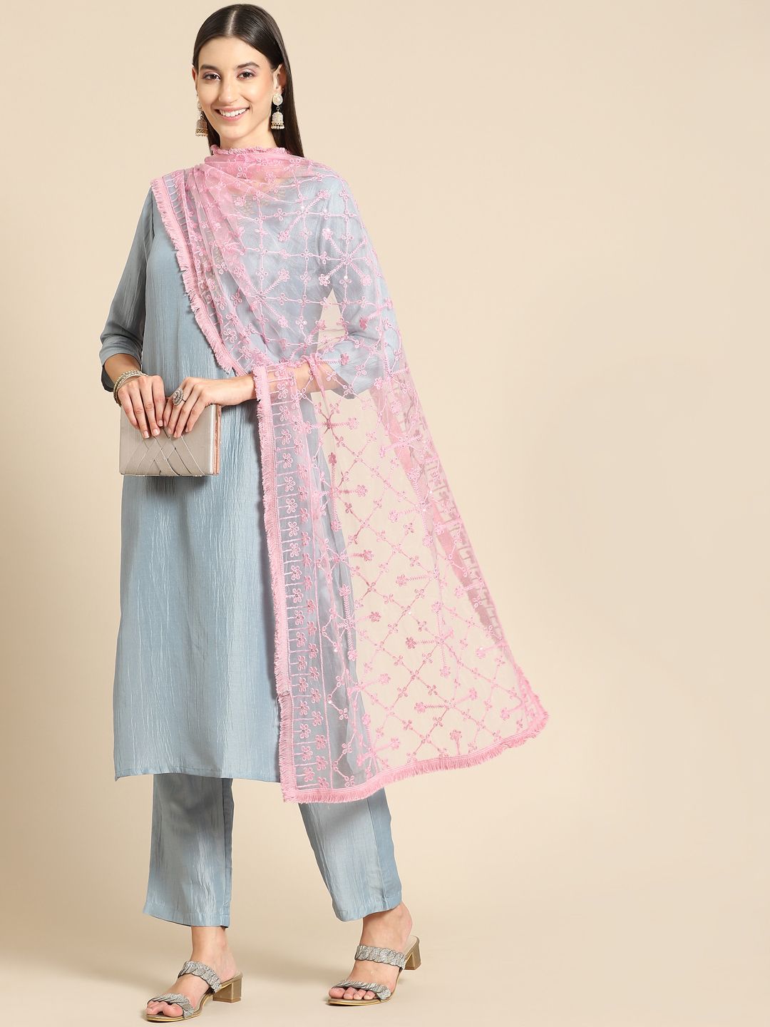 Saadgi Pink Chikankari Embroidered Dupatta Price in India