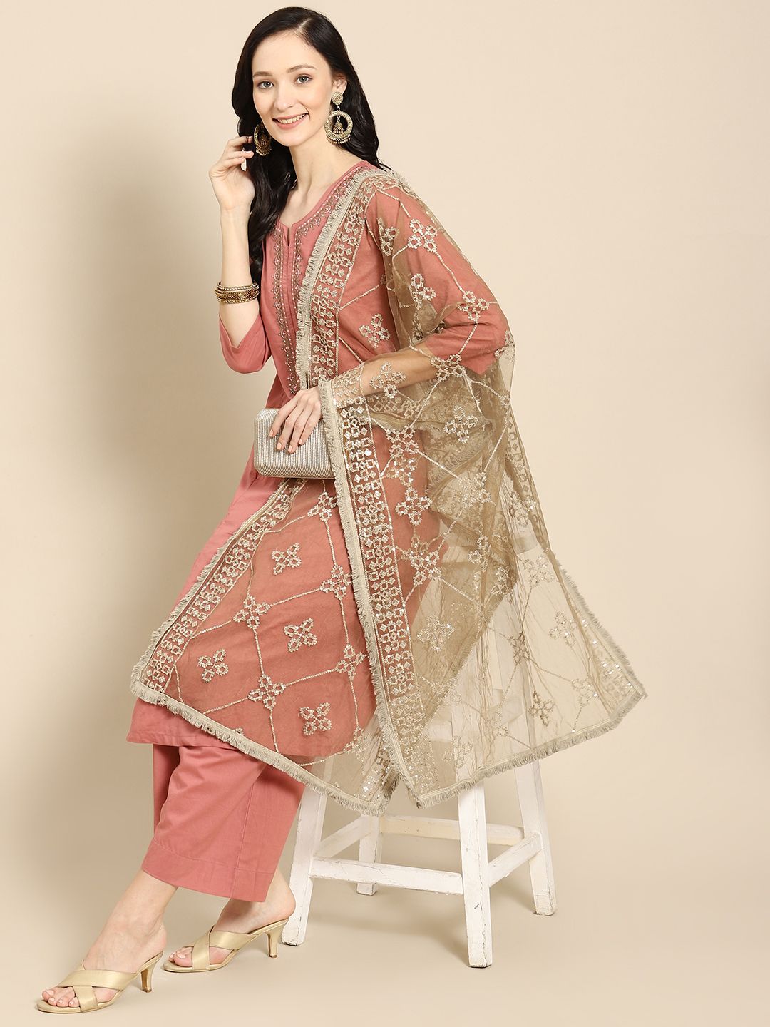 Saadgi Coffee Brown & Gold-Toned Ethnic Motifs Embroidered Dupatta with Chikankari Price in India