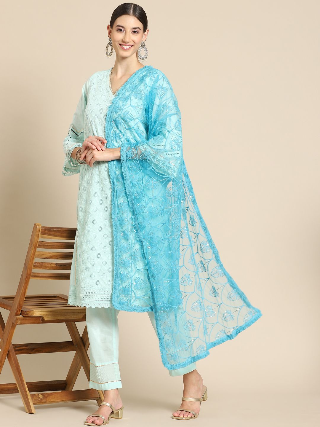 Saadgi Blue & Gold-Toned Ethnic Motifs Embroidered Dupatta with Chikankari