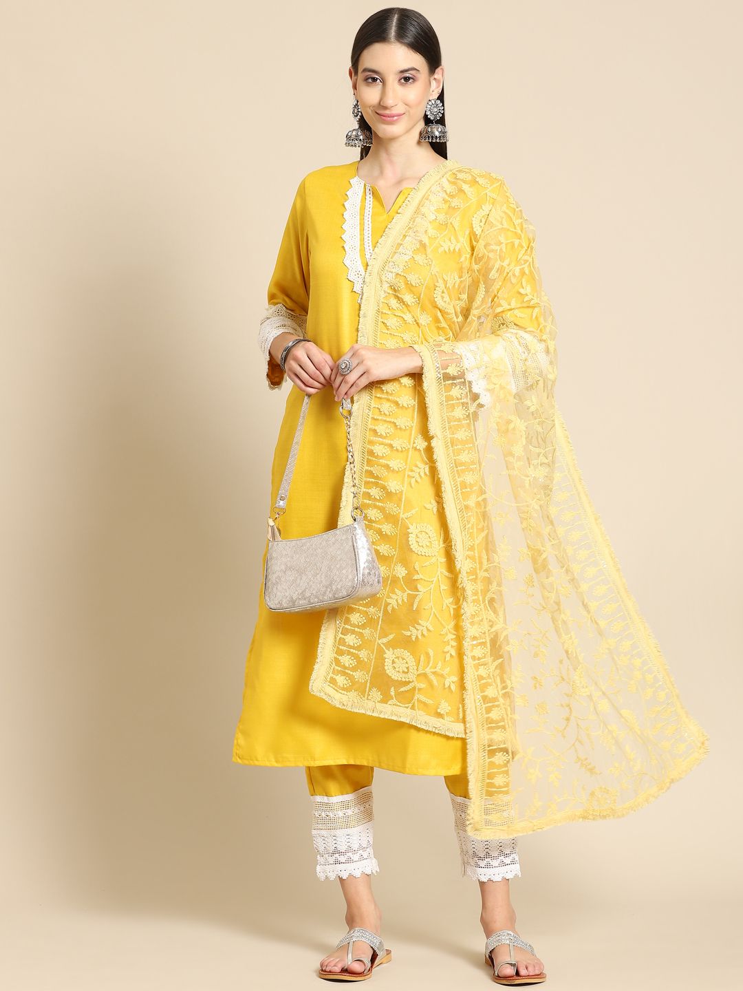 Saadgi Yellow & Gold-Toned Ethnic Motifs Embroidered Dupatta with Chikankari Price in India