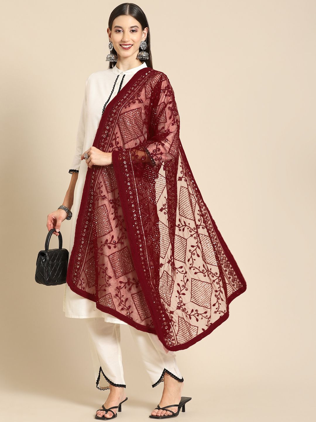 Saadgi Maroon & Gold-Toned Ethnic Motifs Embroidered Dupatta with Chikankari Price in India