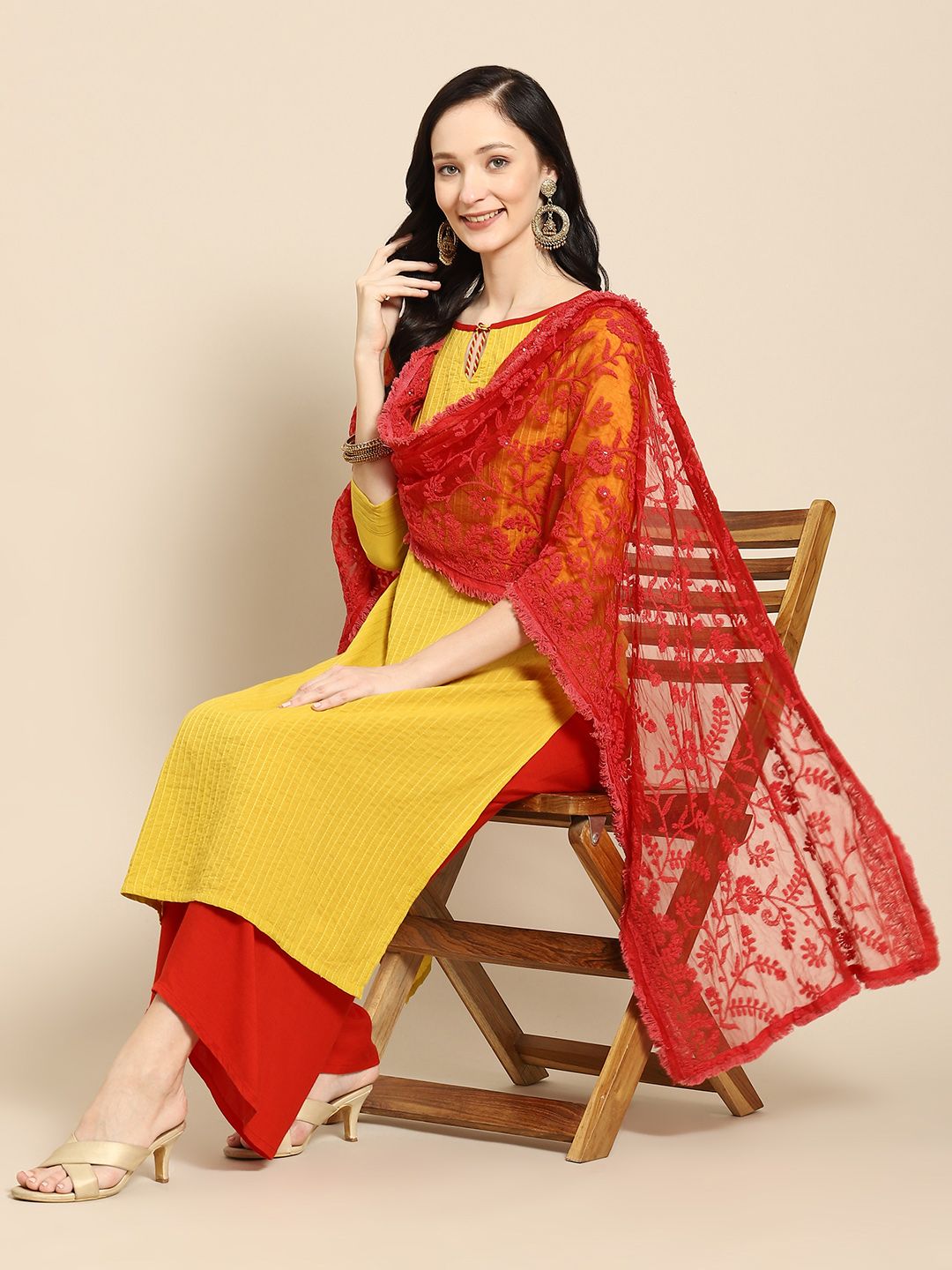 Saadgi Red & Gold-Toned Ethnic Motifs Embroidered Dupatta with Chikankari Price in India