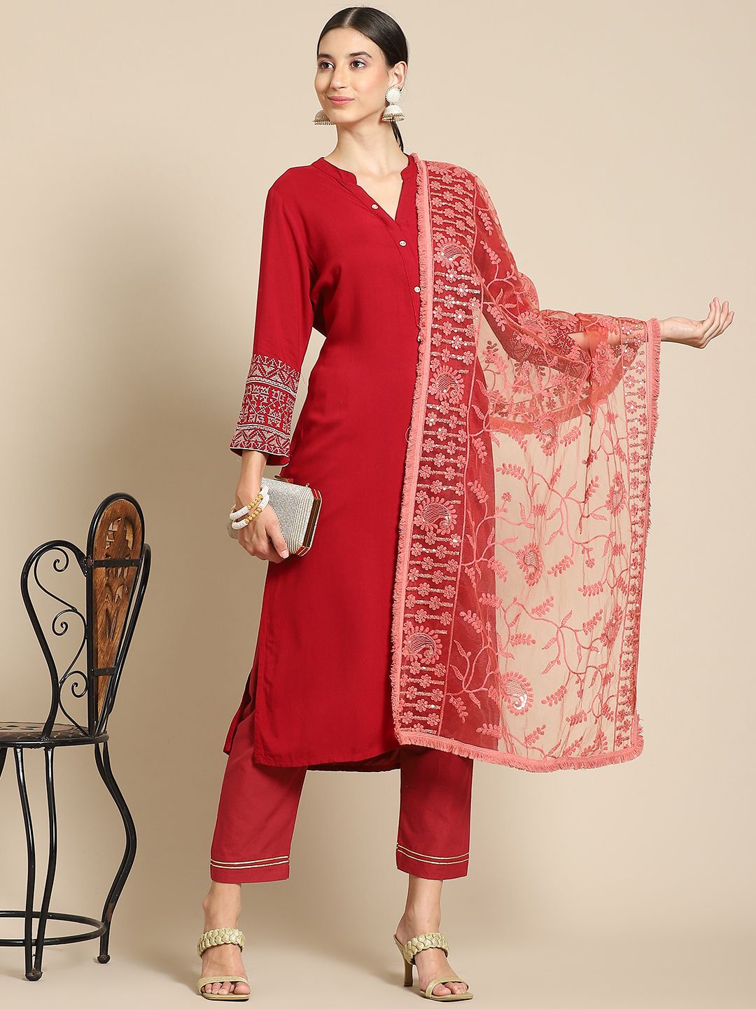 Saadgi Rust Ethnic Motifs Embroidered Dupatta with Chikankari